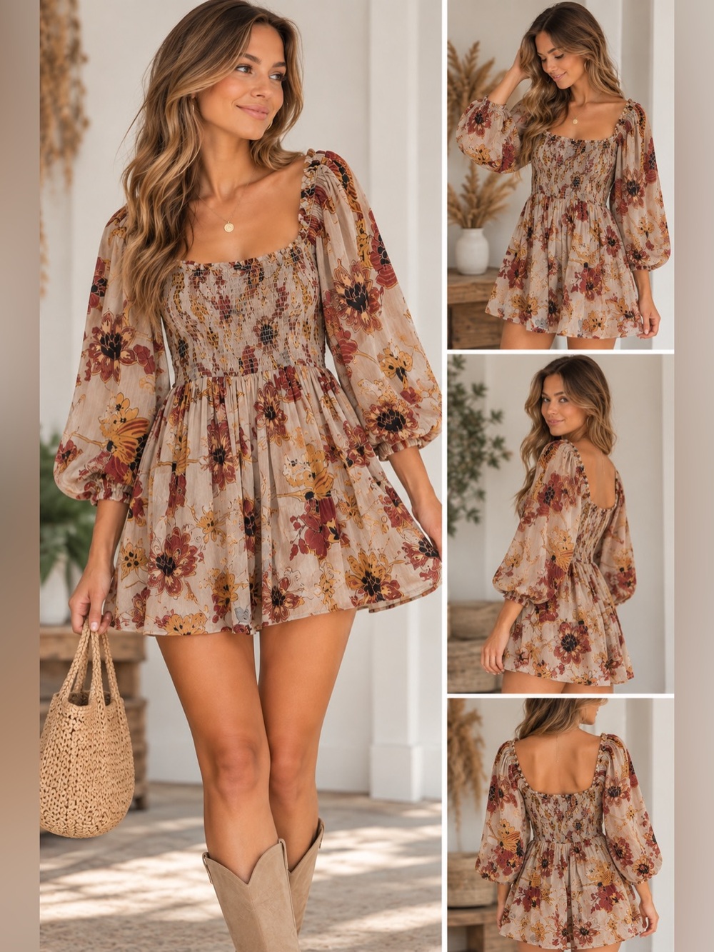 Angie Beige Floral Smocked Mini Dress with Puff Sleeves